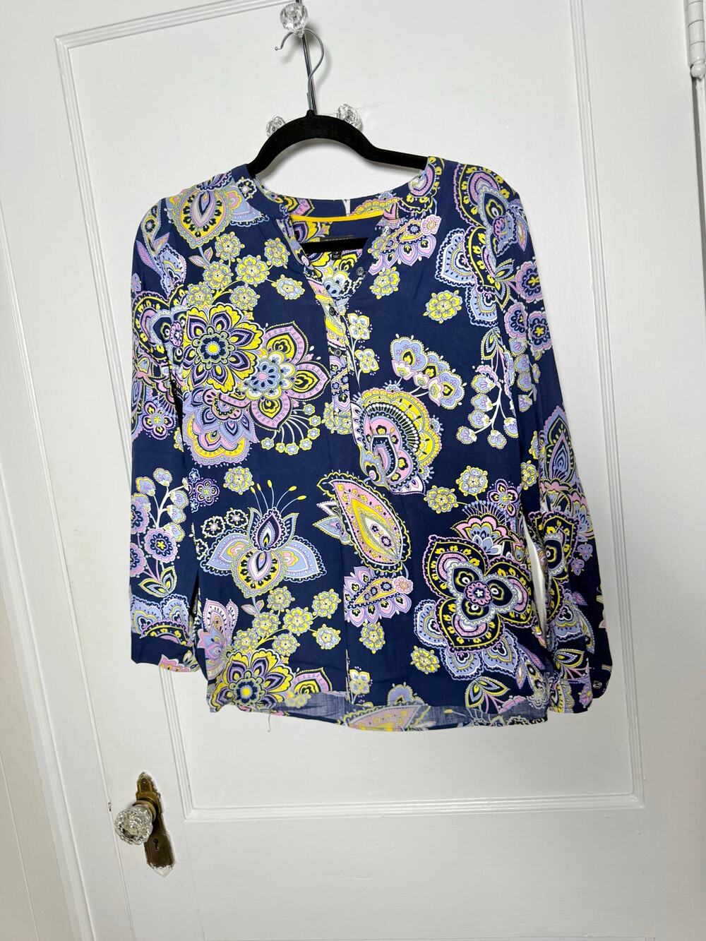 Talbots Navy Blue Purple Paisley Floral Popover Flowy Top Blouse Women's SP